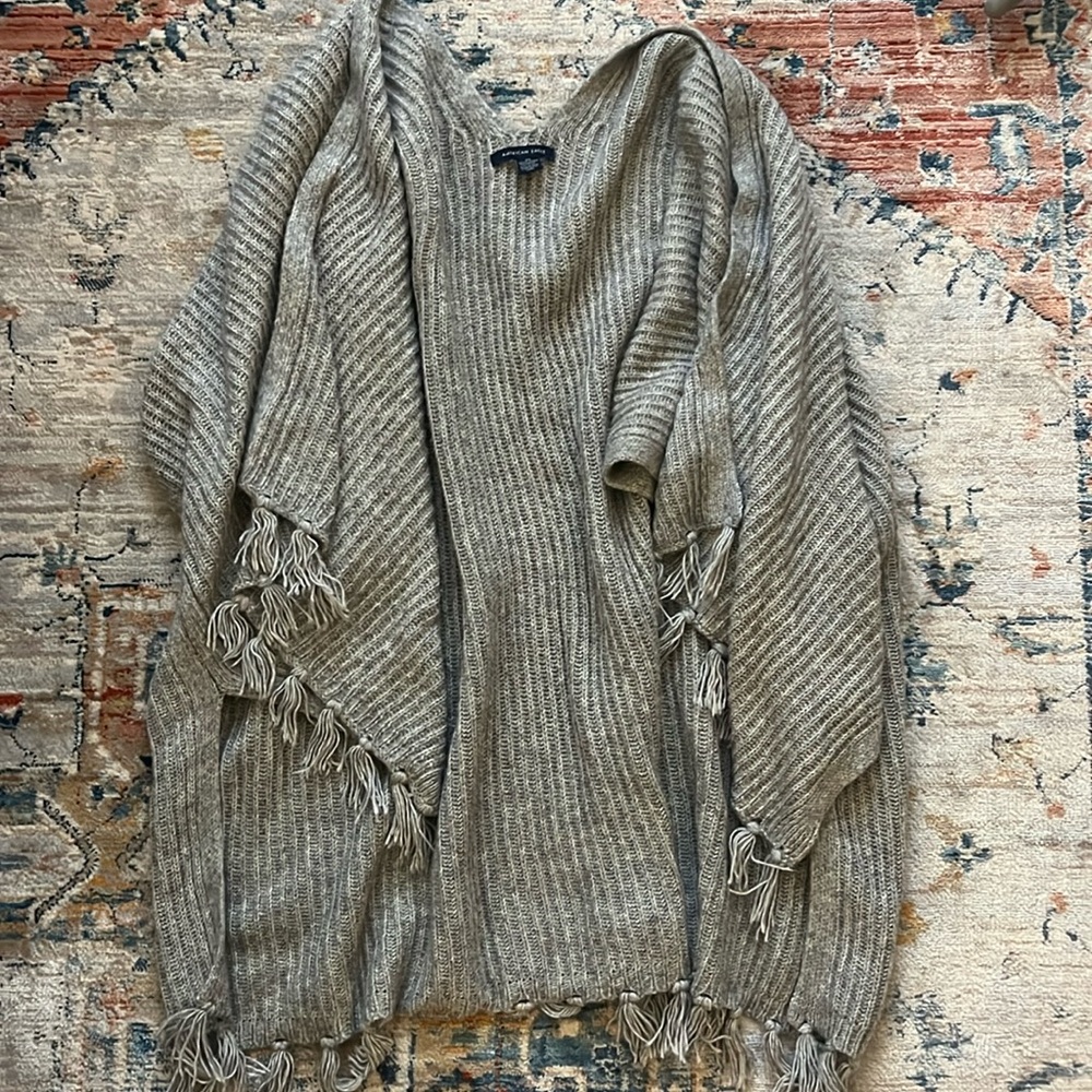 American Eagle Tassel Relaxed Oversized Open Cardigan Sweater Gray One Size